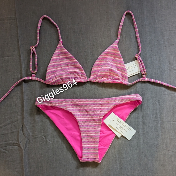 L*Space Brittany Camacho Bikini Set Electric Pique Pink Stripe - Picture 1 of 13